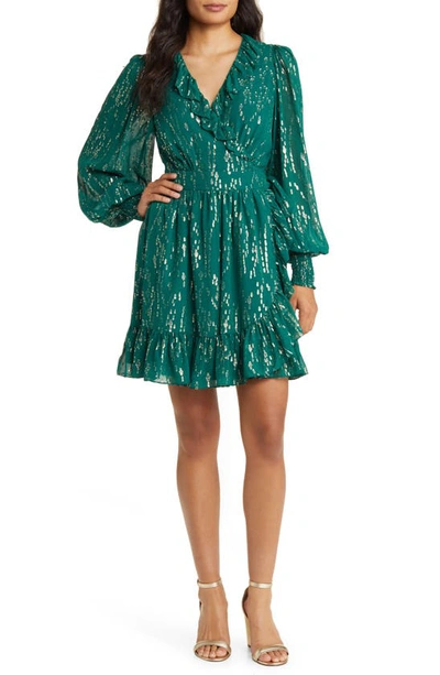 Lilly Pulitzer Women's Birdy Metallic Clip-dot Ruffle Wrap Dress In Evergreen Fish Clip Chiffon