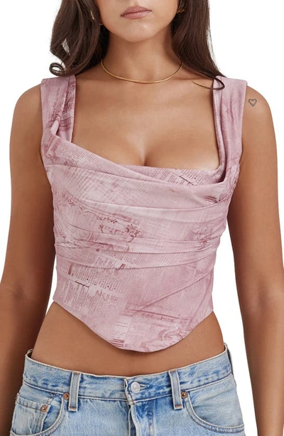 House Of Cb Una Floral Cowl Neck Lace-up Corset Top In Warm Pink