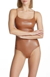 Commando Square Neck Faux Leather Camisole Bodysuit In Cocoa