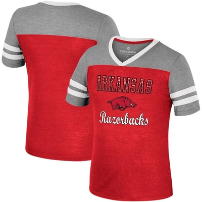 Colosseum Kids' Girls Youth  Cardinal/heather Grey Arkansas Razorbacks Summer Striped V-neck T-shirt In Cardinal,heather Grey