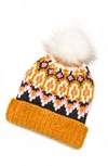 Free People Chalet Fairisle Knit Winter Hat Beanie With Pom Pom In Mustard Combo In Mustard Combo