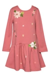 TRULY ME KIDS' FLORAL EMBROIDERED LONG SLEEVE COTTON BLEND DRESS