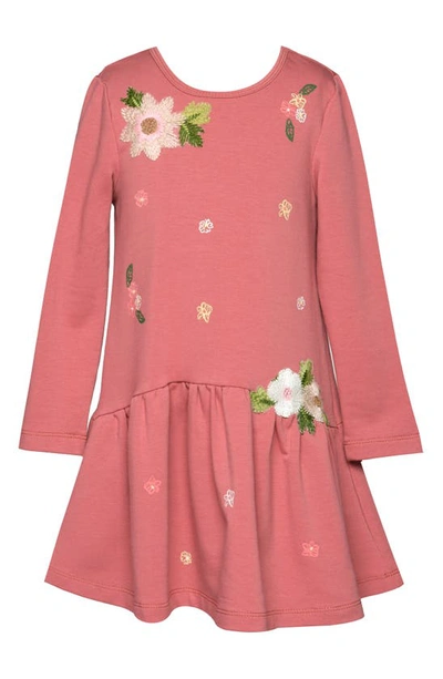 TRULY ME KIDS' FLORAL EMBROIDERED LONG SLEEVE COTTON BLEND DRESS