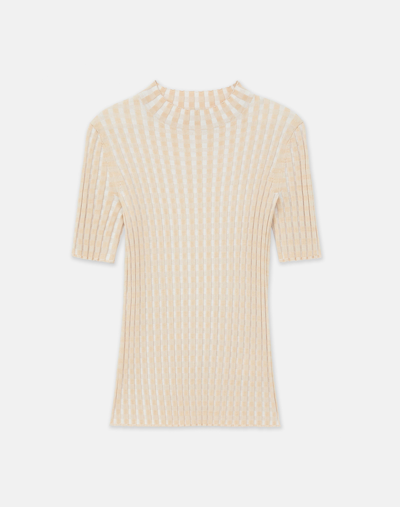 Lafayette 148 Gingham Responsible Matte Crepe Short Sleeve Sweater In Beige