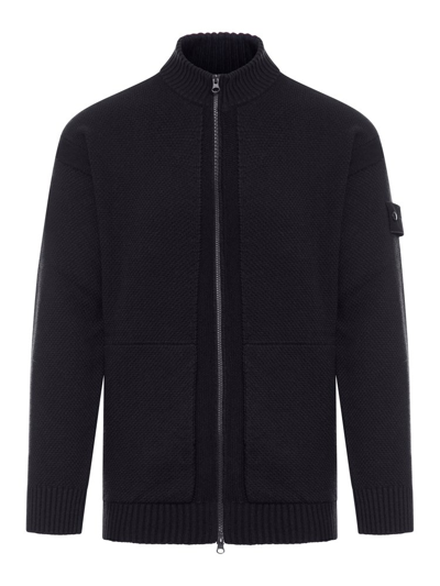 Stone Island Compass-motif Zip-up Knit Cardigan In Black