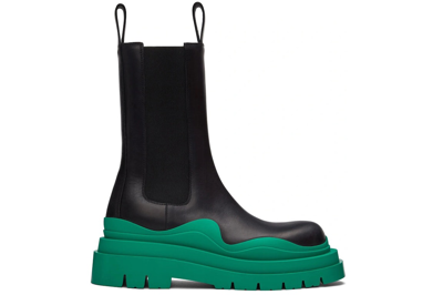 Pre-owned Bottega Veneta Leather Tire Chunky-sole Chelsea Boot Black Acid Turquoise In Black/green