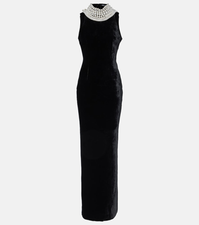 Balmain Velvet Halter Gown With Pearlescent Detail In Black
