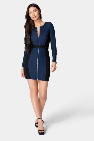 Bebe Zip Front Knit Colorblock Dress In Blue Denim,black