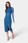 Bebe Mesh Inset Long Sleeve Midi Dress In Blue Opal