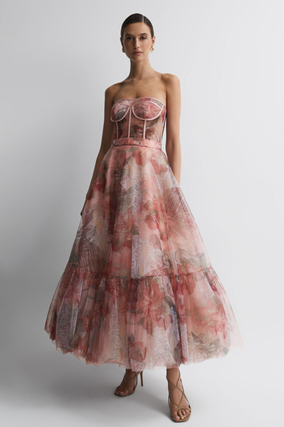 Leo Lin Bustier Tulle Midi Dress In Azalea Print Fortune