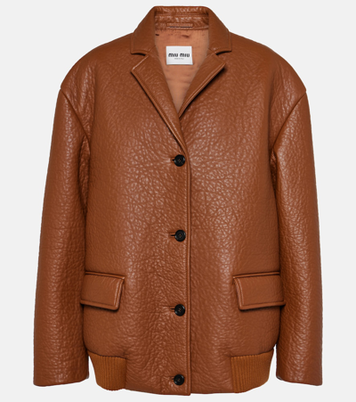 Miu Miu Leather Blazer Jacket In Brown