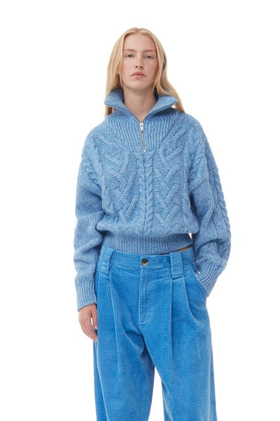 Ganni Blue Chunky Cable Zipper Blouse In Silver Lake Blue