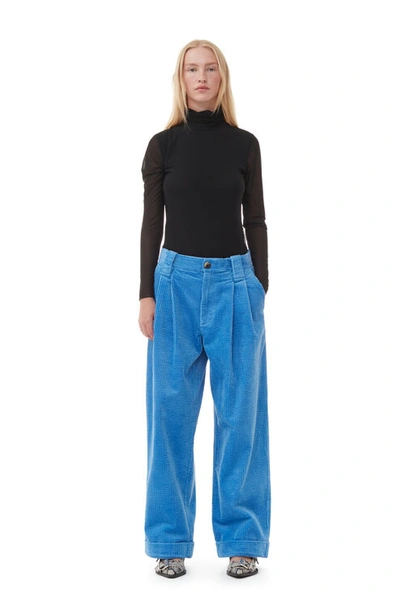 Ganni Blue Corduroy Loose Pleat Pants In Silver Lake Blue