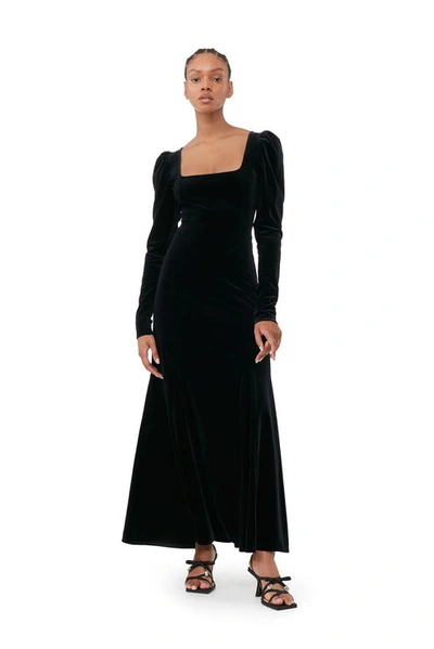 Ganni Velvet Jersey Puff Sleeve Dress Black