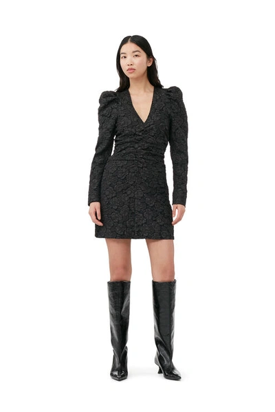 GANNI BLACK LONG SLEEVE JACQUARD V-NECK MINI DRESS SIZE 8 POLYESTER WOMEN'S