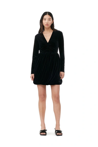 Ganni Long Sleeve Velvet Jersey Balloon Mini Dress In Black