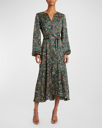 Santorelli Aubree Floral-print Blouson-sleeve Midi Dress In Pine