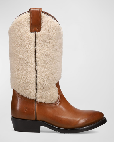 Frye Billy Leather Shearling Cowboy Boots In Caramel