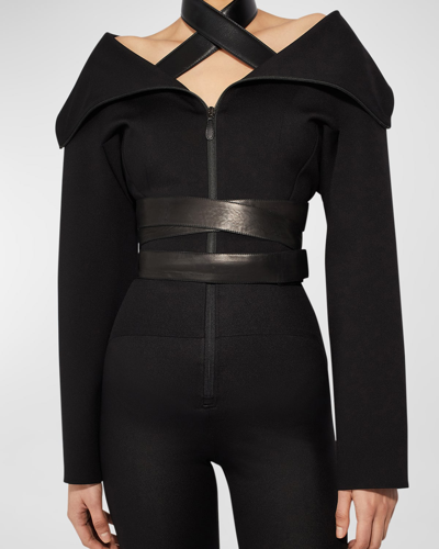 Alaïa Leather Wrap Fitted Crop Jacket In Noir Alaia