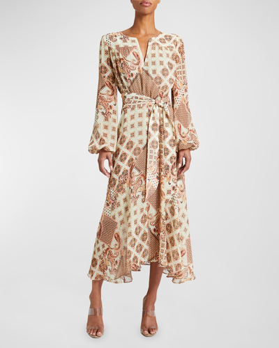 Santorelli Aubree Geo-print Blouson-sleeve Midi Dress In Ochre