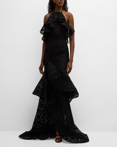 Oscar De La Renta Ruffled Gardenia Guipure Gown In Black