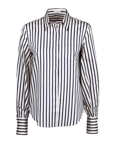 Brunello Cucinelli Shirt In Striped Cotton And Silk Twill In Blue