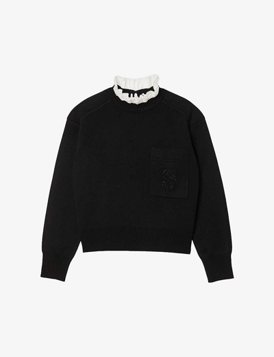 Sandro Womens Black Lucien Frill-neck Logo-embroidered Knitted Jumper