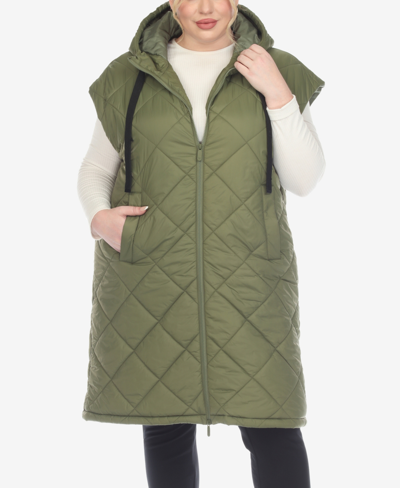 White Mark Plus Size Diamond Quilted Hooded Puffer Vest In Olive