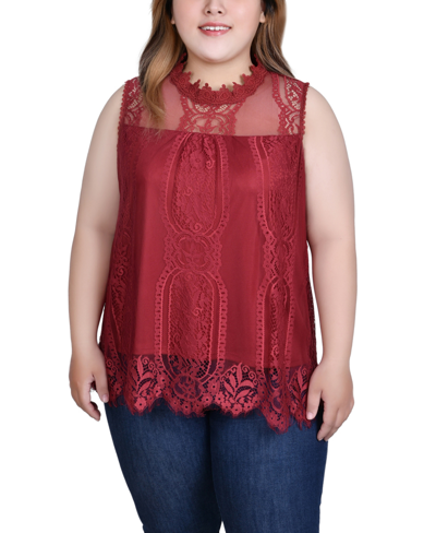 Ny Collection Plus Size Sleeveless Mock Neck Lace Top In Rose Wood
