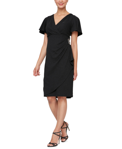 Sl Fashions Women's Flutter-sleeve Embellished Dress In Black