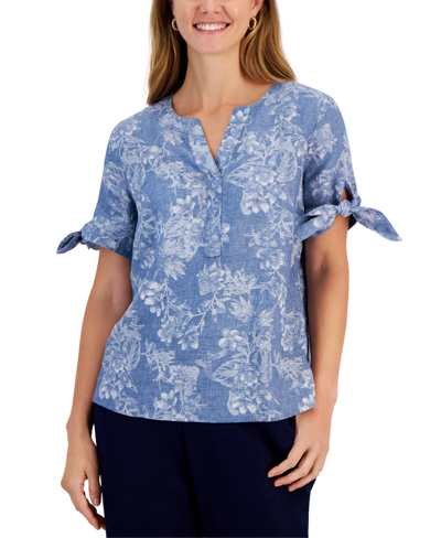 Charter Club Women's 100% Linen Foliage-print Tie-sleeve Top, Created For Macy's In Blue Ocean Combo