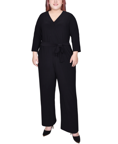 Ny Collection Plus Size 3/4 Sleeve Belted Jumpsuit In Black