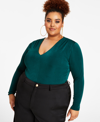 NINA PARKER TRENDY PLUS SIZE V-NECK LONG-SLEEVE TOP