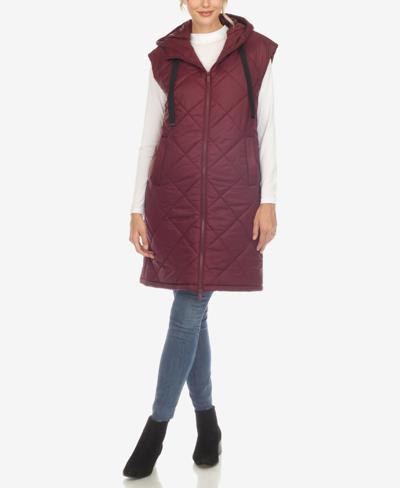 White Mark Women's Diamond Quilted Hooded Long Puffer Vest Jacket In Burgundy