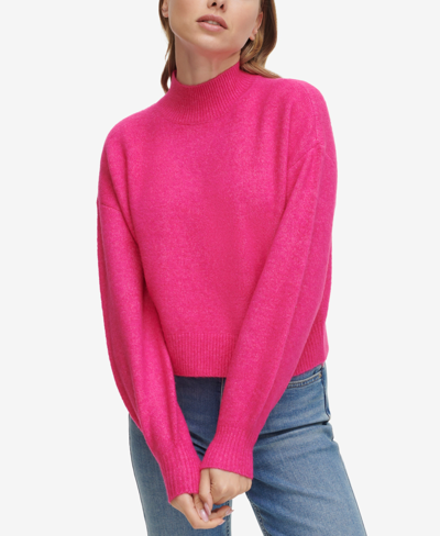 Calvin Klein Jeans Est.1978 Women's Boxy Cropped Long Sleeve Mock Neck Sweater In Electric Pink