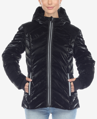 White Mark Women's Midweight Quilted Contrast With Thumbholes Hooded Jacket In Black