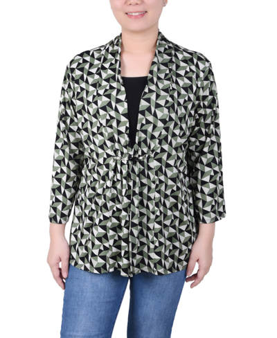 Ny Collection Petite Puff Print 3/4 Sleeve Two-fer Top In Sage Pryamid
