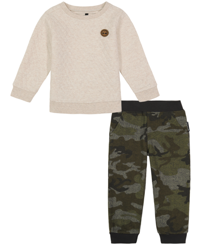 Timberland Kids' Toddler Boys Square Double-knit Fleece Crewneck And Camo Joggers, 2-piece Set In Almond Heather