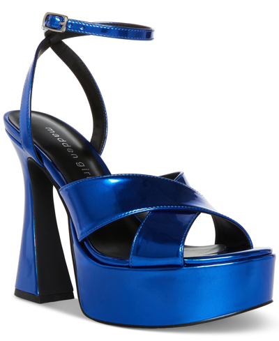 Madden Girl Loolaa Criss-cross Platform Dress Sandals In Blue Mirror Metallic