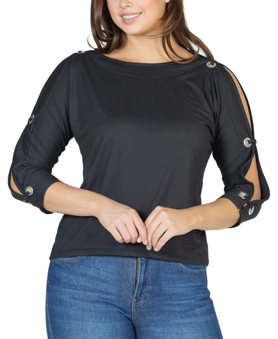 24seven Comfort Apparel Women's Three Quarter Cold Shoulder Grommet Top In Black