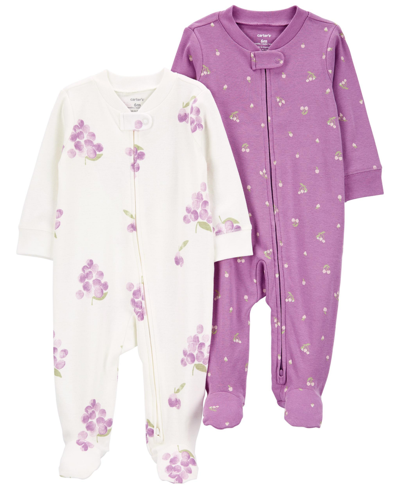 Carter's Baby Girls And Baby Boys Cotton Two Way Zip Footed Coveralls, Pack Of 2 In Purple
