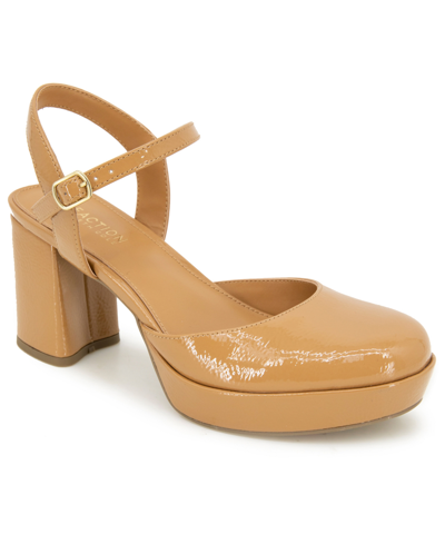 Kenneth Cole Reaction Womens Patent Ankle Strap Slingback Heels In Camel Patent- Polyurethane