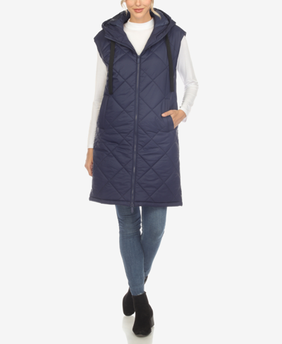 White Mark Women's Diamond Quilted Hooded Long Puffer Vest Jacket In Blue