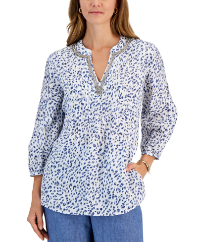 Charter Club Petite 3/4 Puff Sleeve Brushed Spotted Print Linen Tunic, Created For Macy's In Bright White Combo