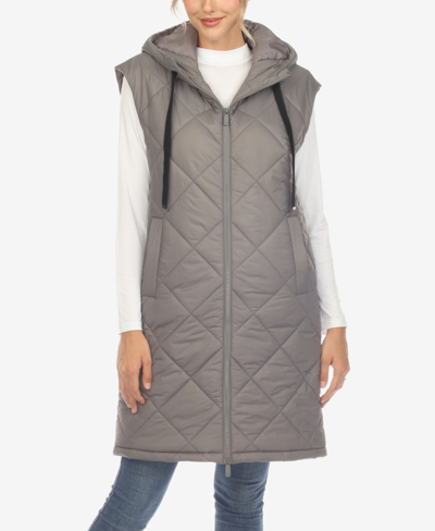 White Mark Women's Diamond Quilted Hooded Long Puffer Vest Jacket In Grey