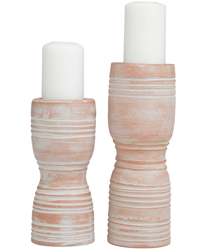 Rosemary Lane Ceramic Whitewashed Ribbed Terracotta Candle Holder 11" And 9" H, Set Of 2 In Pink
