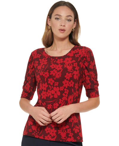 Tommy Hilfiger Women's Floral Print Puff-sleeve Top In Winetasting,chili Pepper