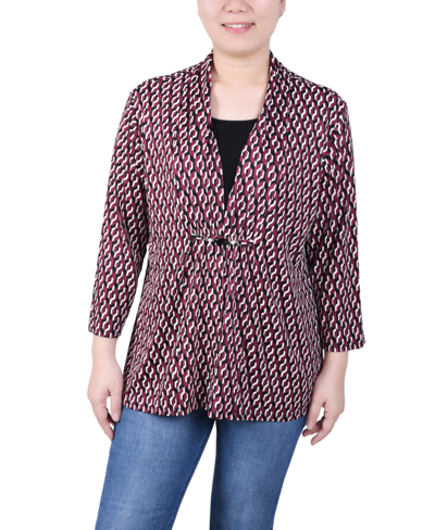 Ny Collection Petite Puff Print 3/4 Sleeve Two-fer Top In Maroon Black Geo