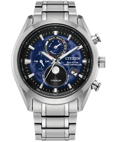 Citizen Men's Tsuki-yomi A-t Chronograph Sport Luxury Eco-drive Silver-tone Titanium Bracelet Watch 43mm In Blue/silver