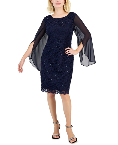 Connected Petite Round-neck Long-cape-sleeve Lace Dress In Navy